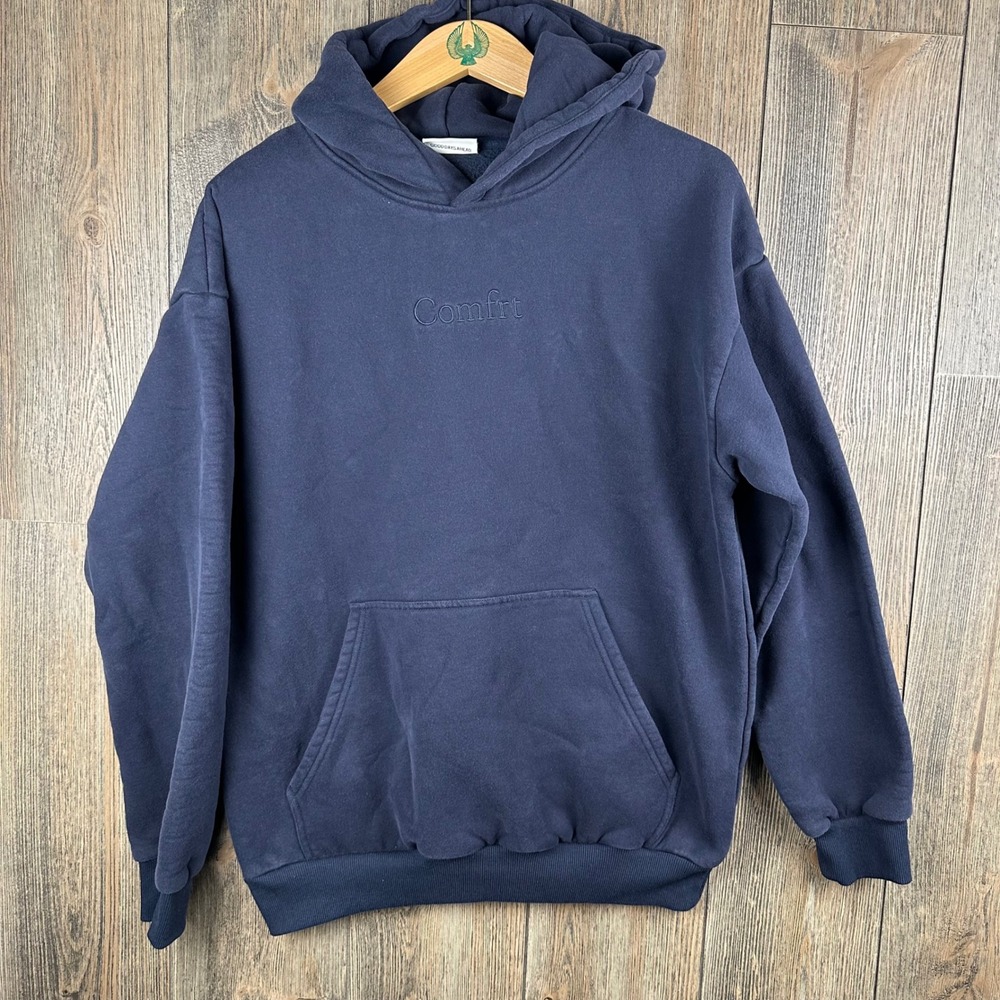 Comfrt Cloud Hoodie Navy Blue Embroidered Logo Fleece Sweatshirt Mens Medium